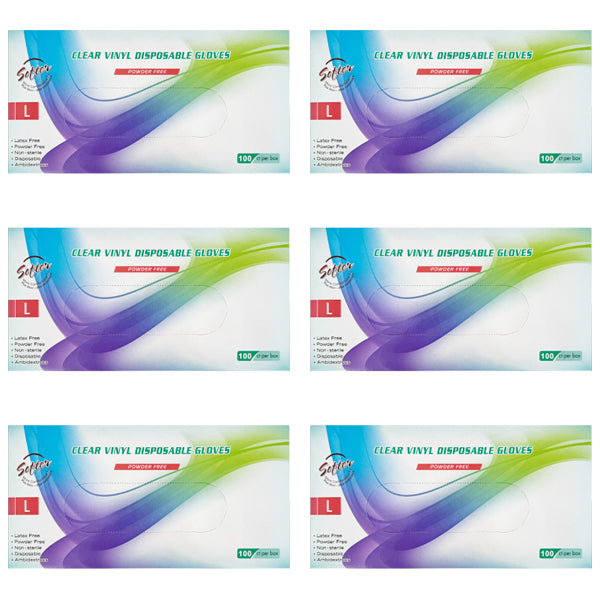 Six boxes of Unbranded 6 Pack - Clear Vinyl Powder-Free Large Disposable Gloves, 100 ct each, are arranged in two rows of three on a white background.